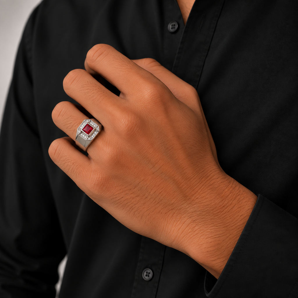 Red Square Stone Silver Men’s Ring