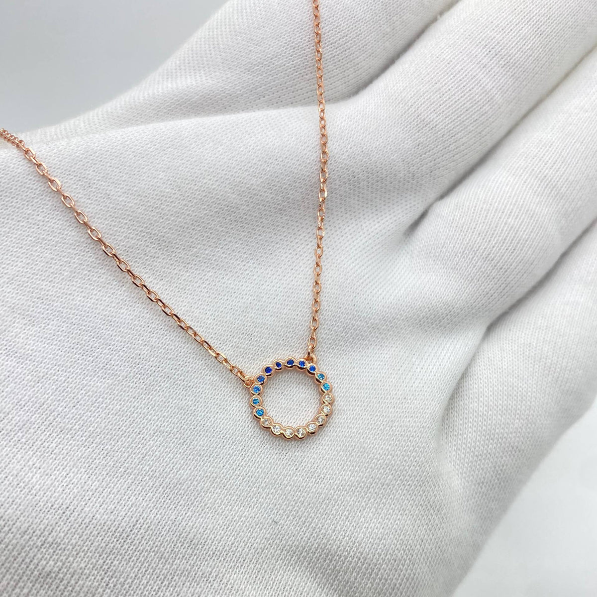 Rose Gold Blue Crystal Circle Necklace