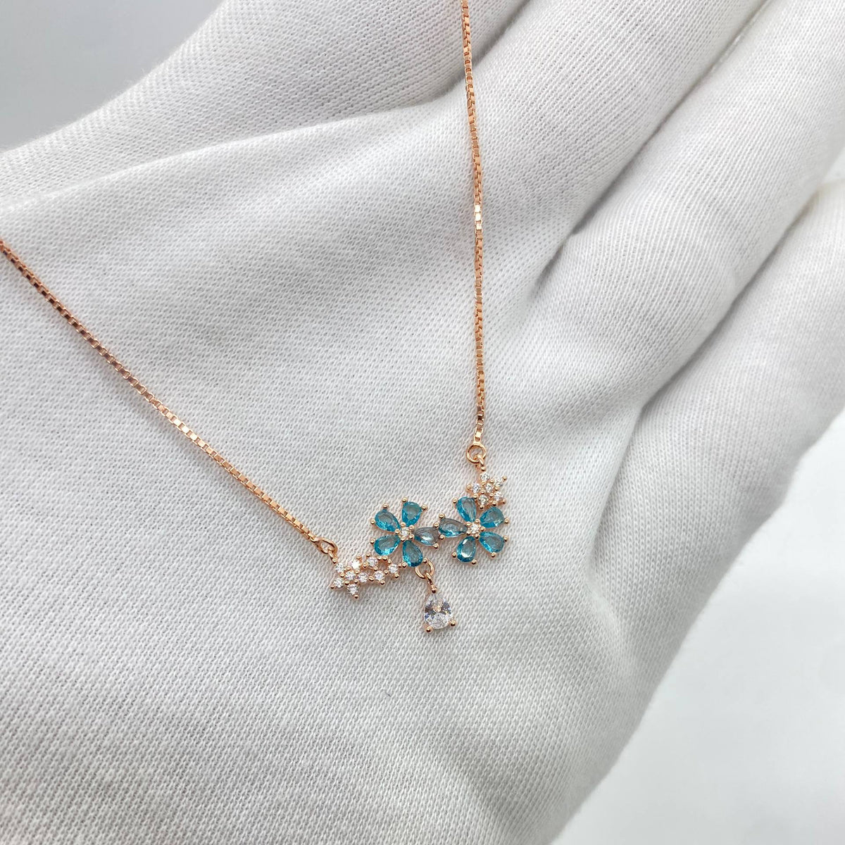 Rose Gold Blue Floral Drop Necklace