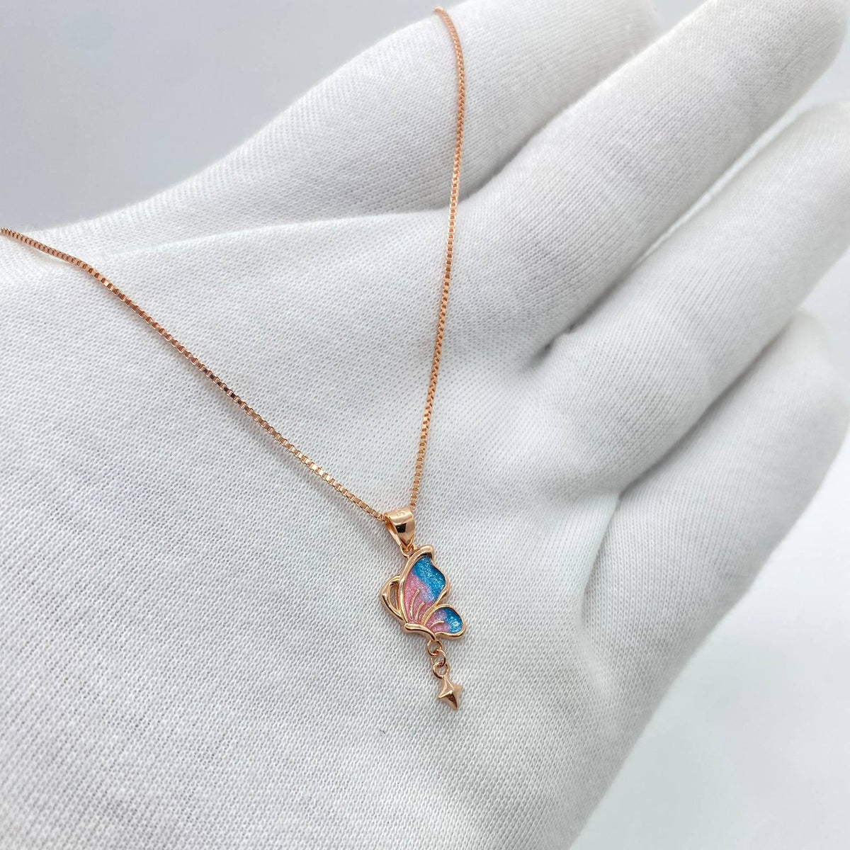 Rose Gold Blue Pink Butterfly Necklace