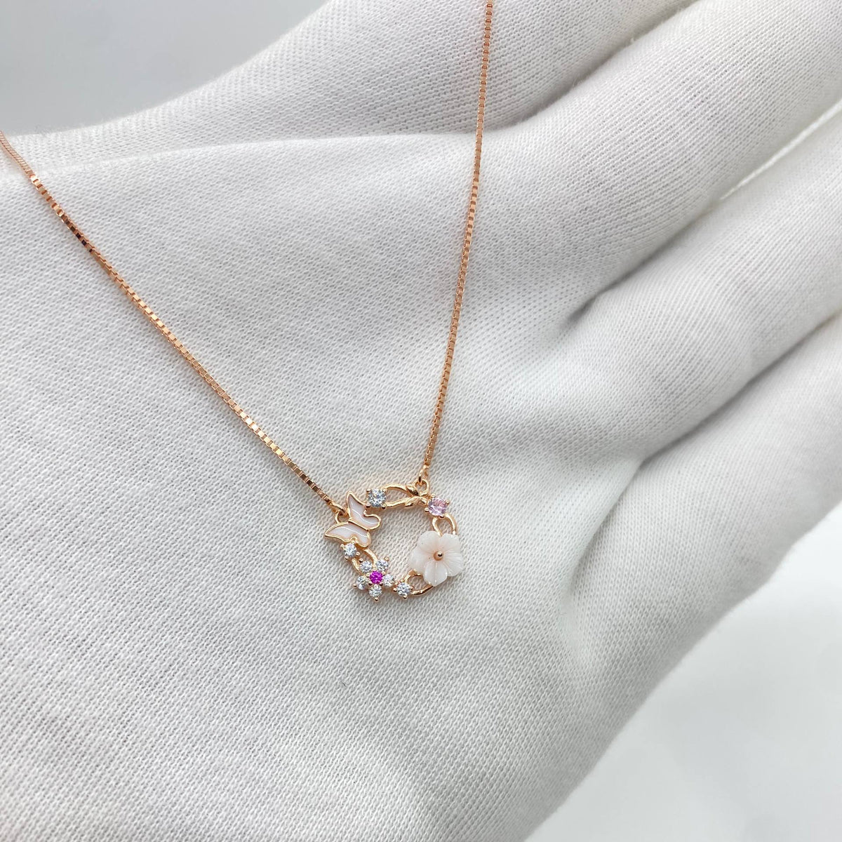 Rose Gold Butterfly & Flower Wreath Necklace