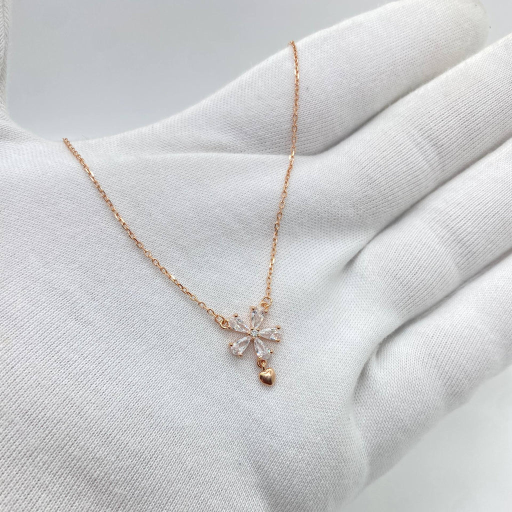 Rose Gold Crystal Flower Heart Necklace