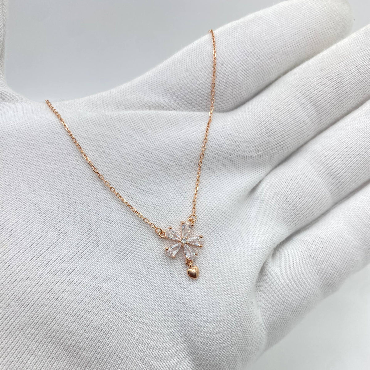 Rose Gold Crystal Flower Heart Necklace