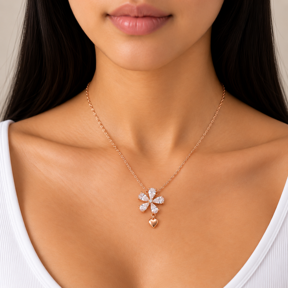 Rose Gold Crystal Flower Heart Necklace