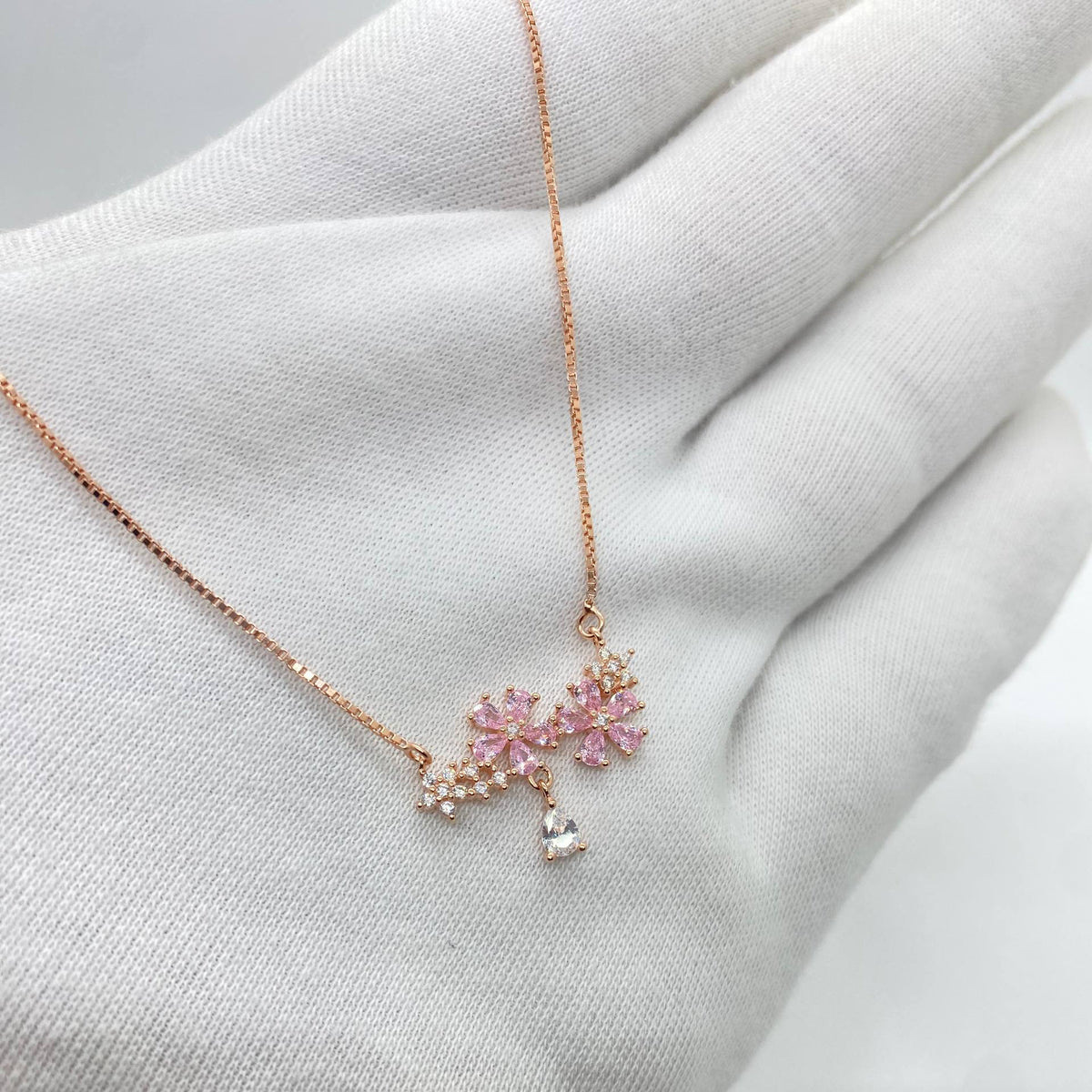 Rose Gold Pink Floral Drop Necklace