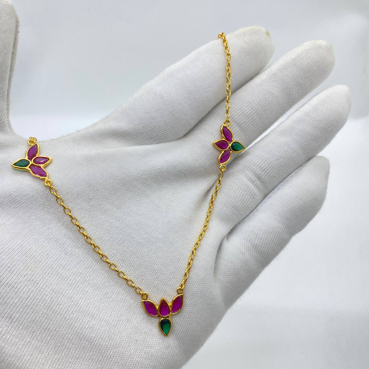 Ruby Green Floral Gold Necklace