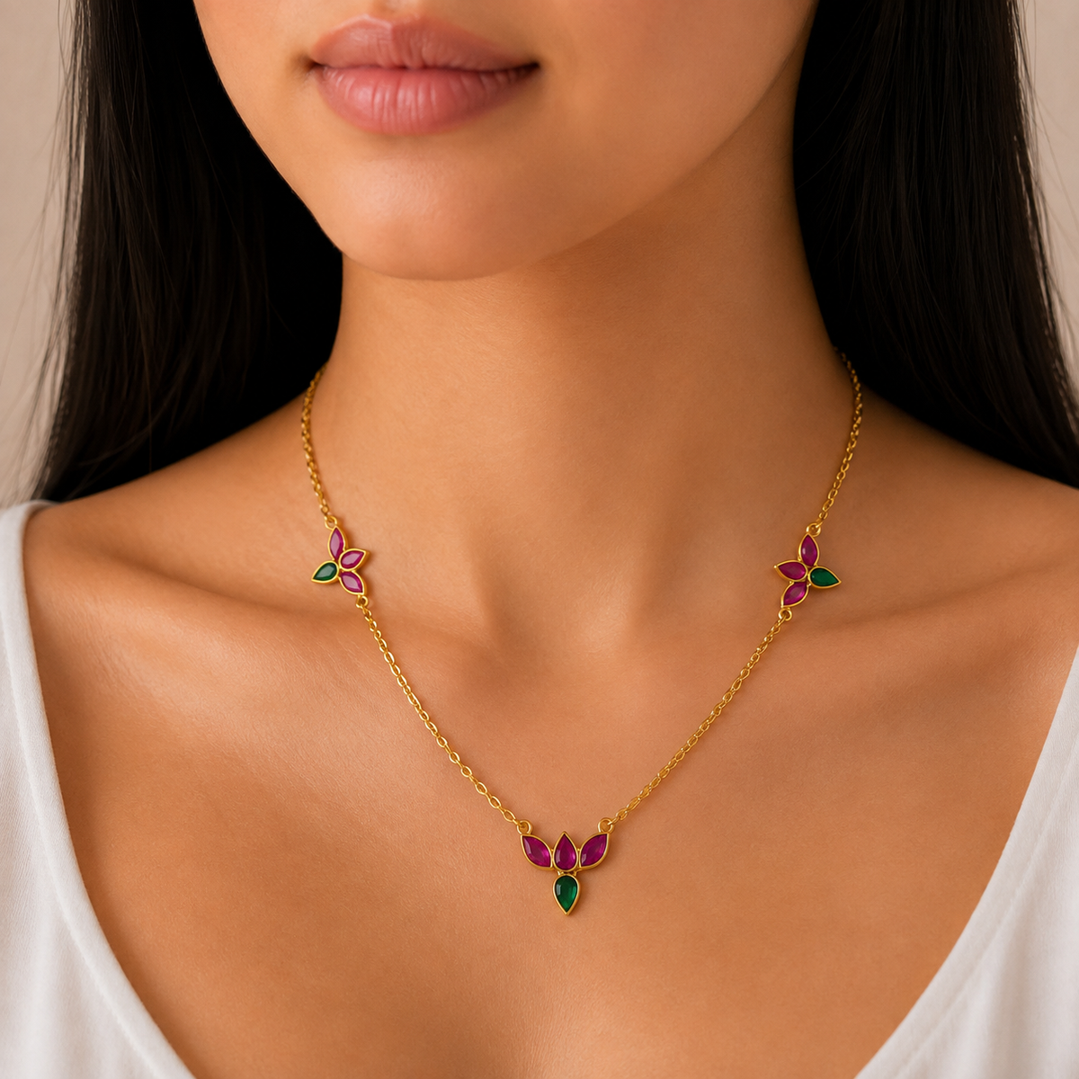 Ruby Green Floral Gold Necklace
