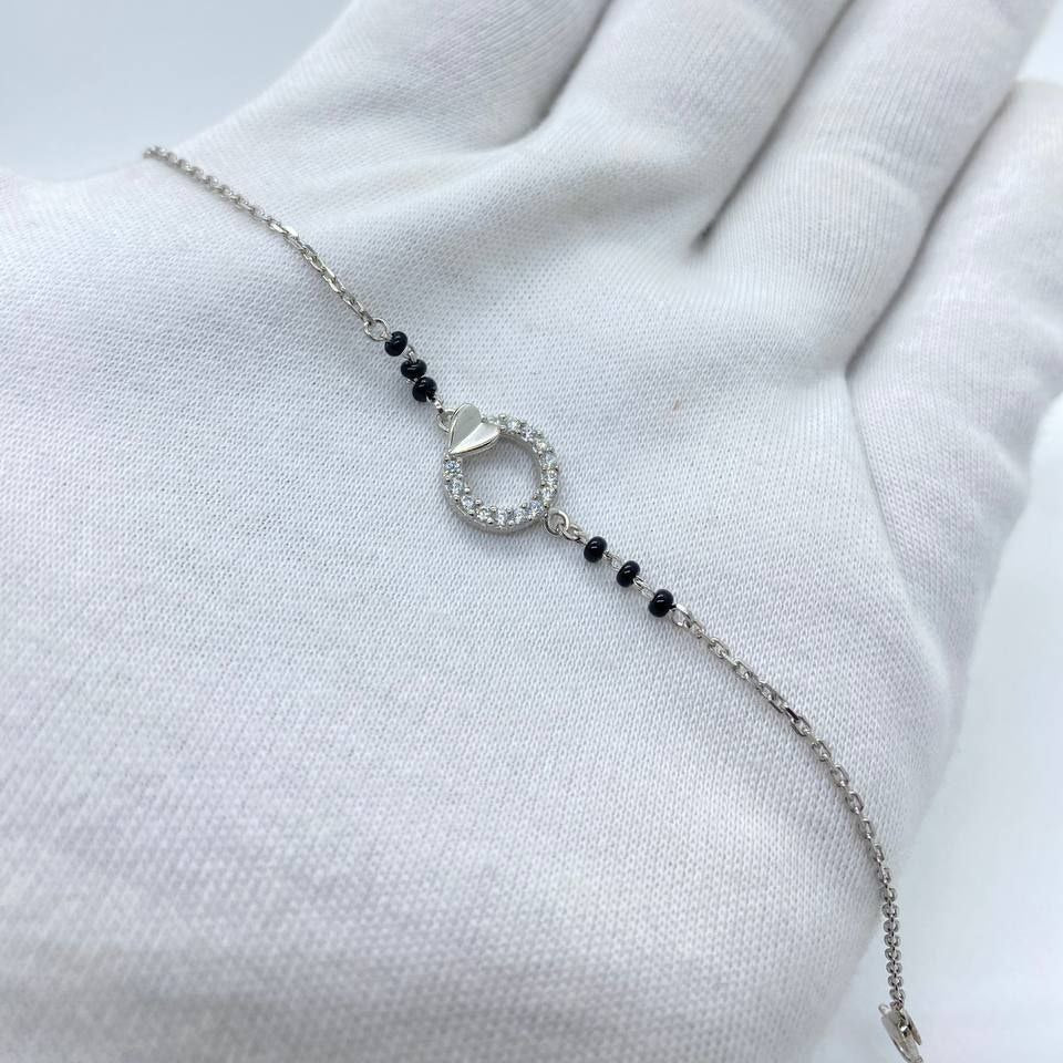 Silver Black Beaded Heart Link Bracelet