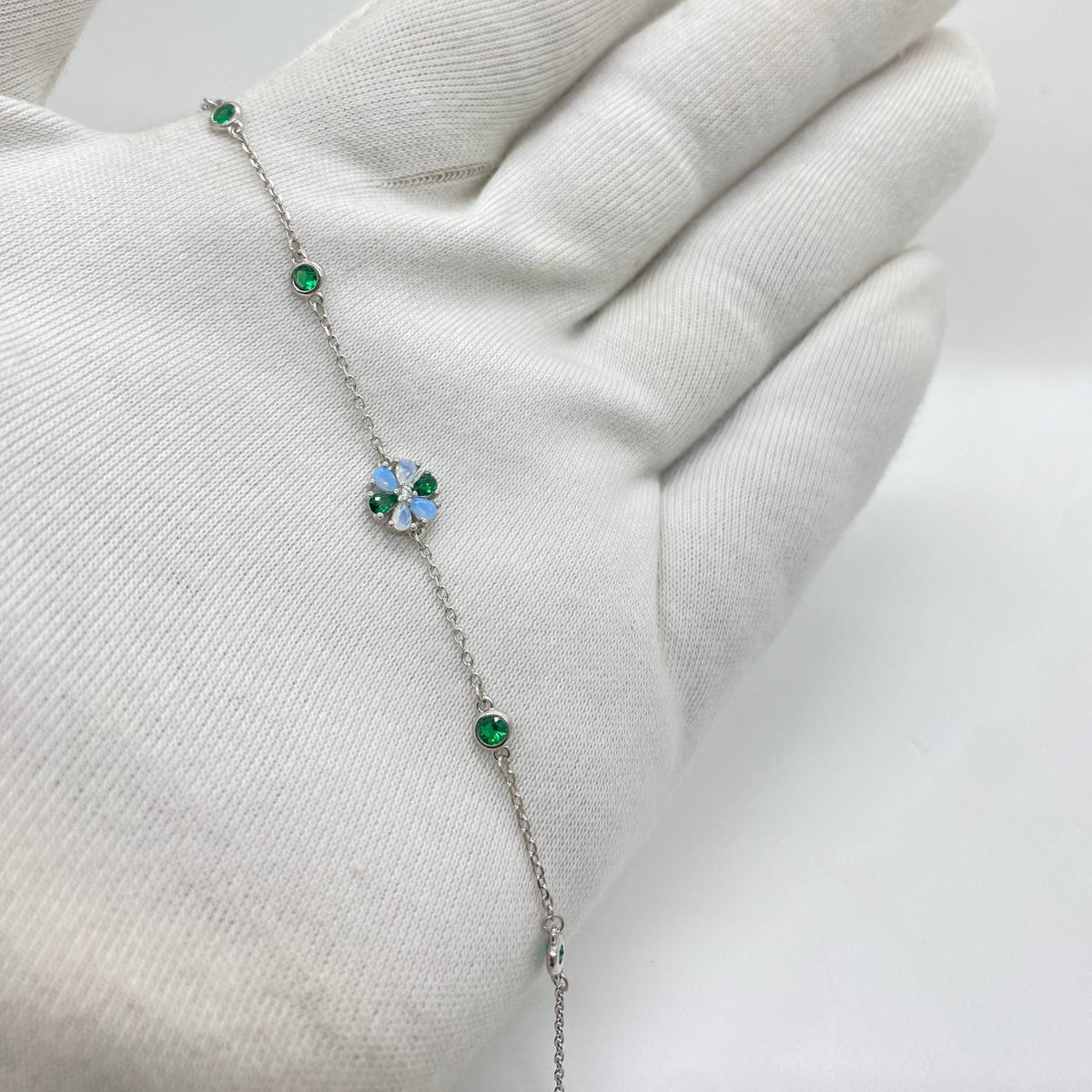 Silver Blue & Emerald Floral Bracelet