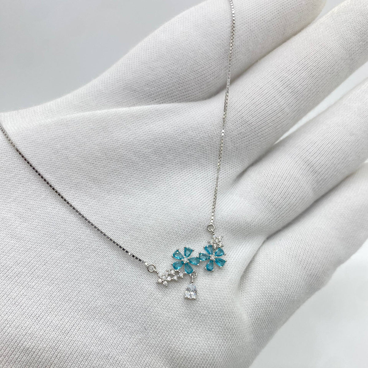 Silver Blue Floral Drop Necklace