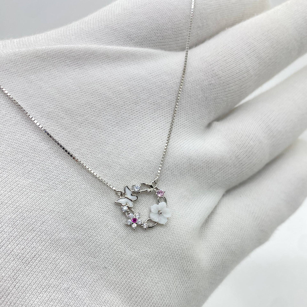 Silver Butterfly & Flower Wreath Necklace