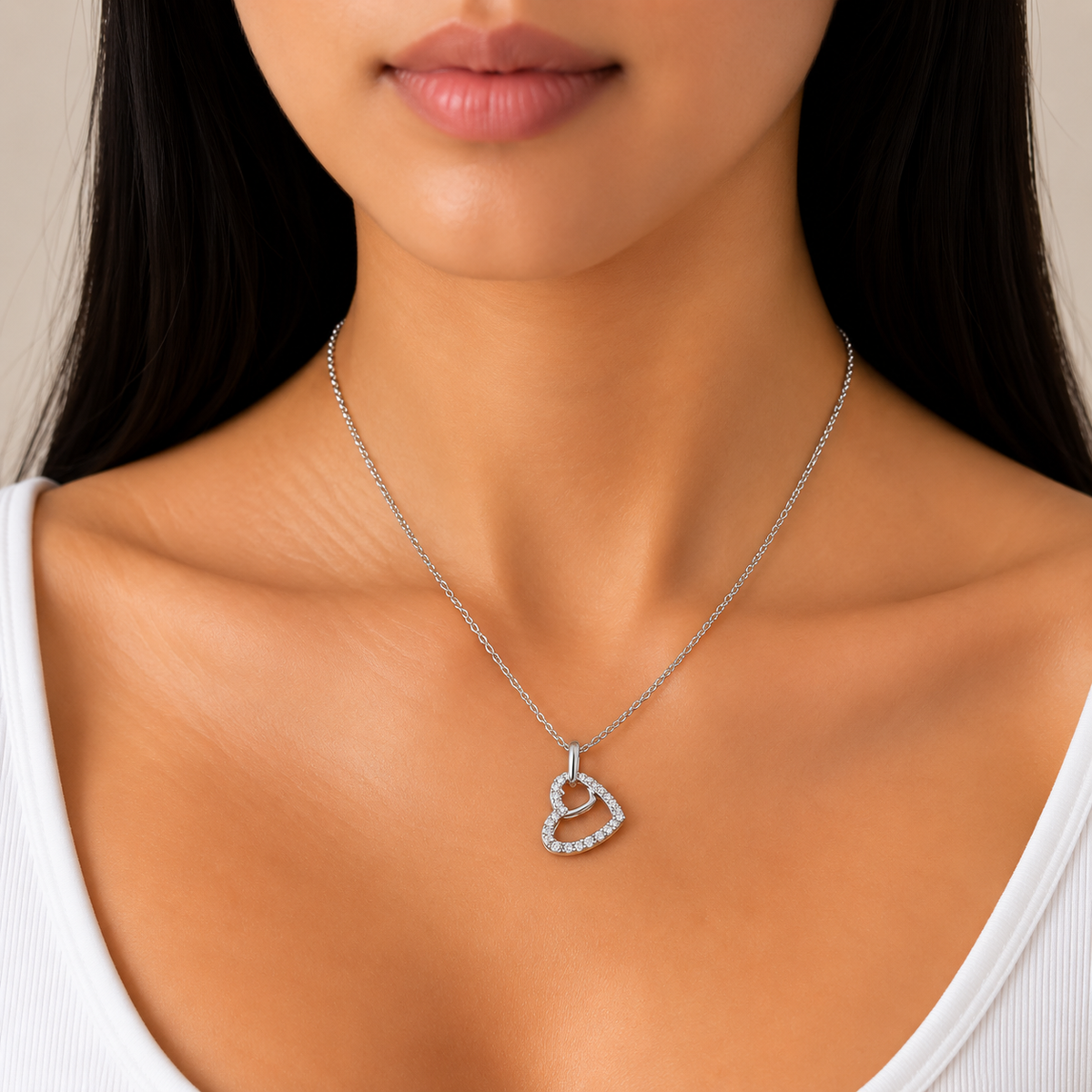 Silver Double Heart Crystal Necklace