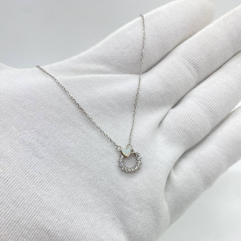 Silver Opal Heart Circle Necklace