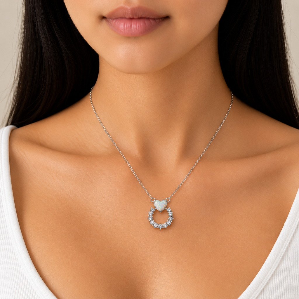 Silver Opal Heart Circle Necklace