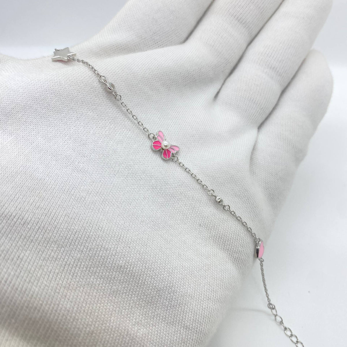 Silver Pink Butterfly Charm Bracelet