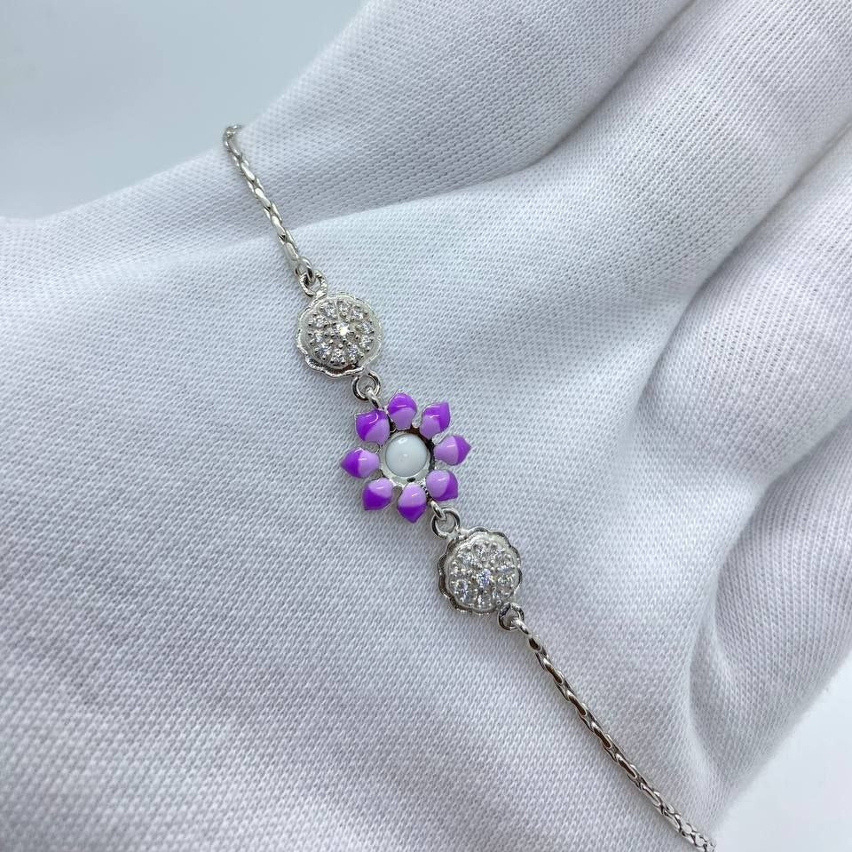 Silver Purple Floral Charm Bracelet
