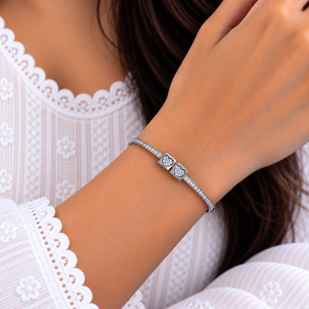 Twin Heart Crystal Silver Bangle