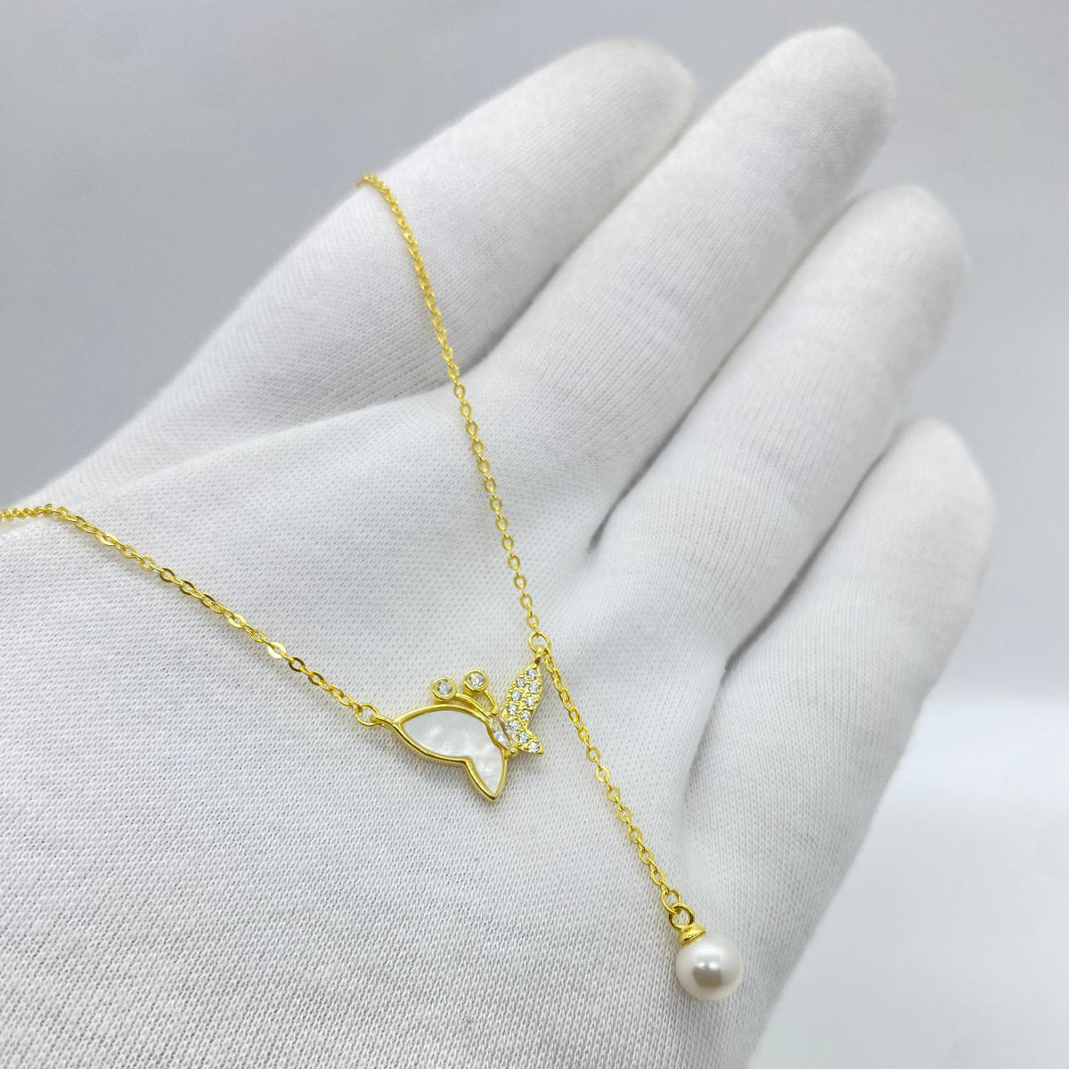 Yellow Silver Pearl Butterfly Pendant Necklace